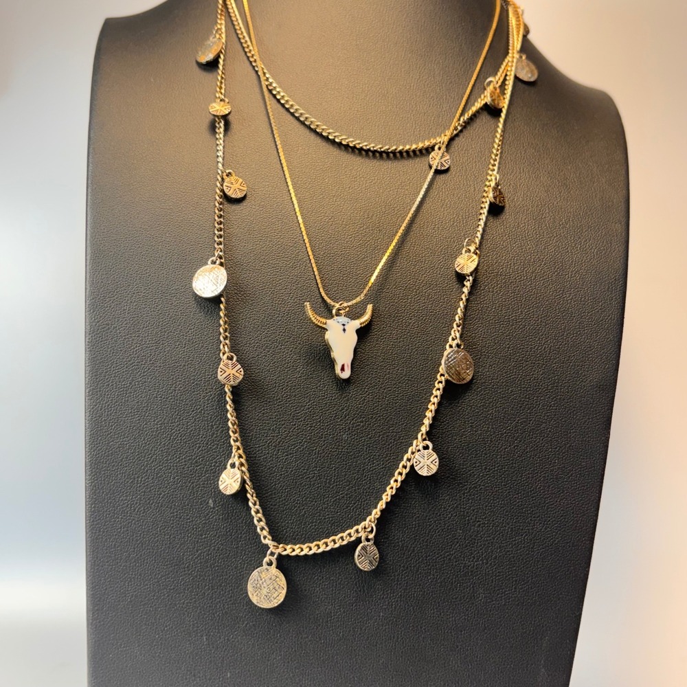 Gold Bull Skull Coin Charm Necklaces Boho Southwestern Statement Y2K